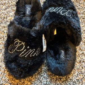 PINK Victoria's Secret Black Fuzzy Slippers with Rhinestone Detail